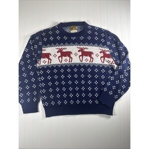 Vintage Gary Reed Sweater Crewneck Pullover Winter Snow Moose Blue Size L